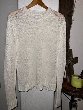 Enza Costa Cream Open-Knit Crewneck Sweater